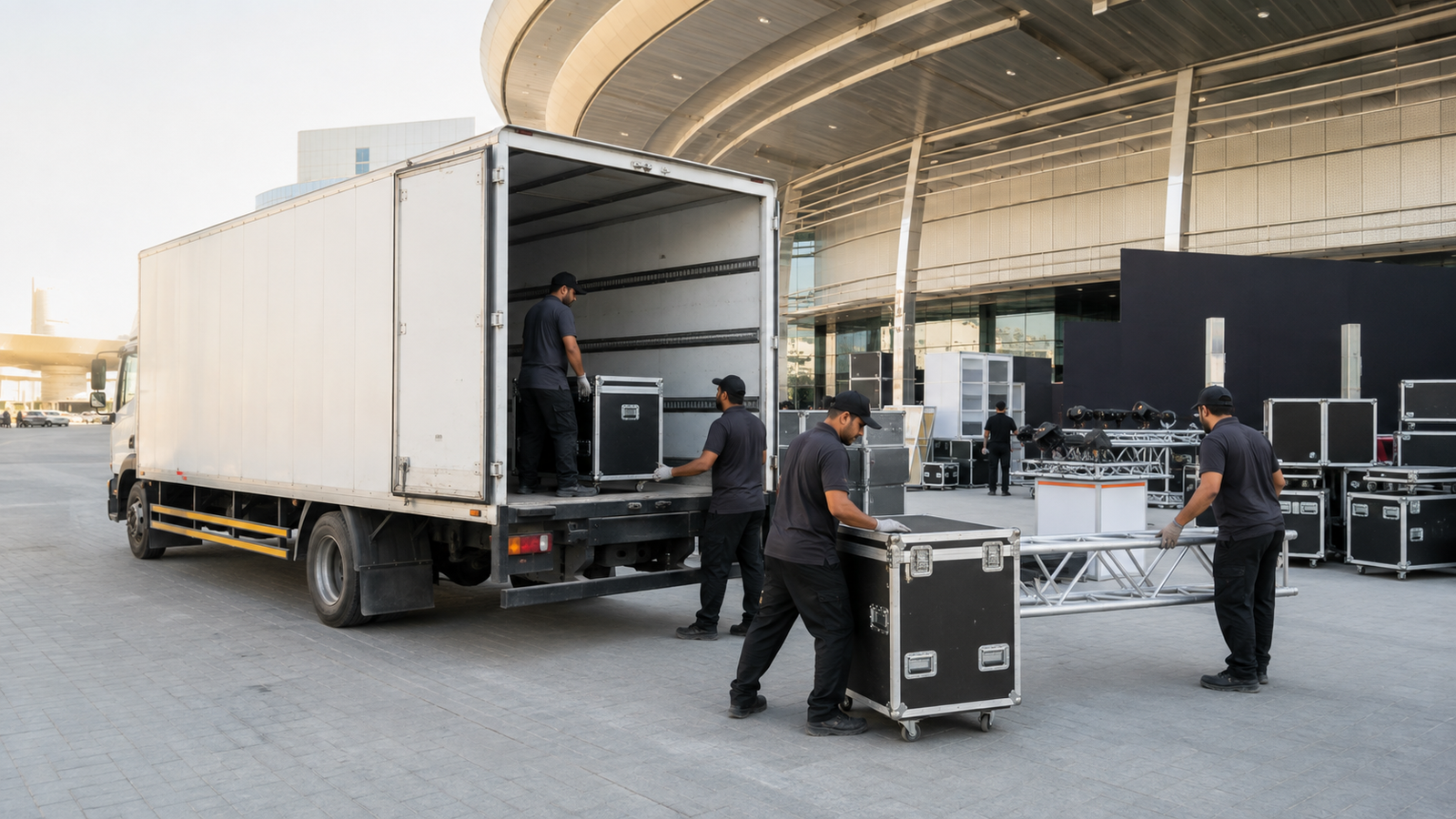 Exhibition equipment and event supplies prepared for Dubai venue transport