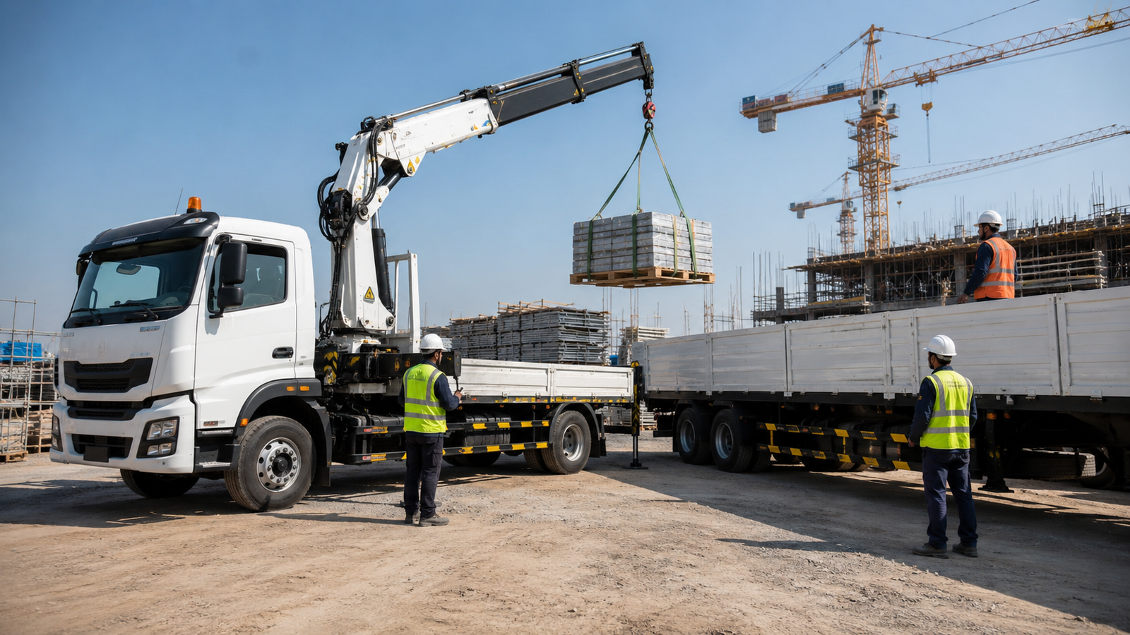 Hiab crane truck coordinating cargo at a Dubai project site