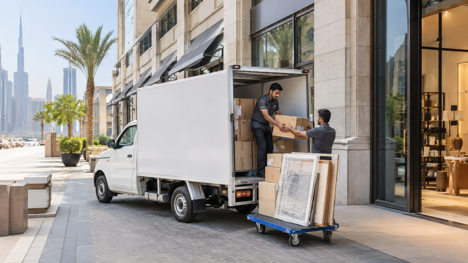Covered commercial vehicle delivering packaged retail goods in Dubai
