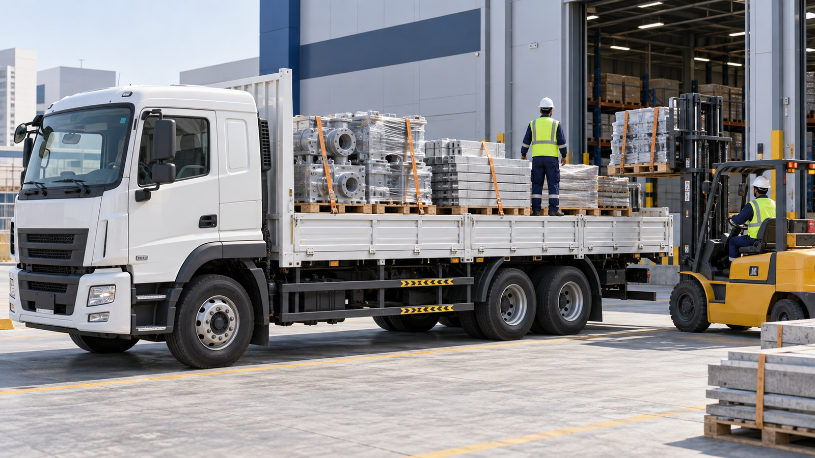 10 ton truck loading heavy industrial cargo at a warehouse in Dubai