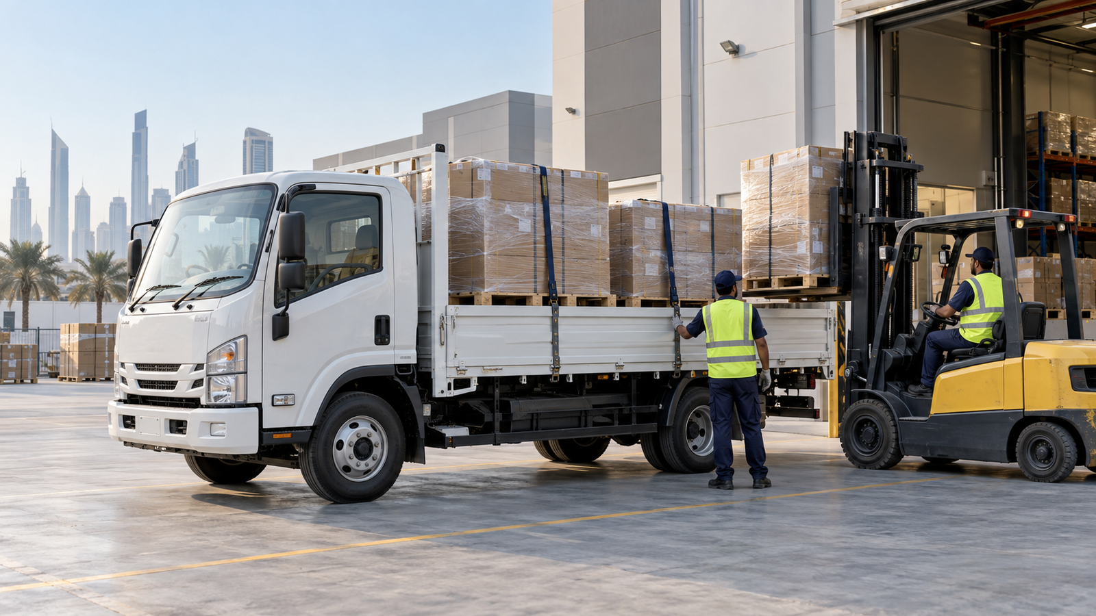 3 ton truck loading commercial cargo at a warehouse in Dubai