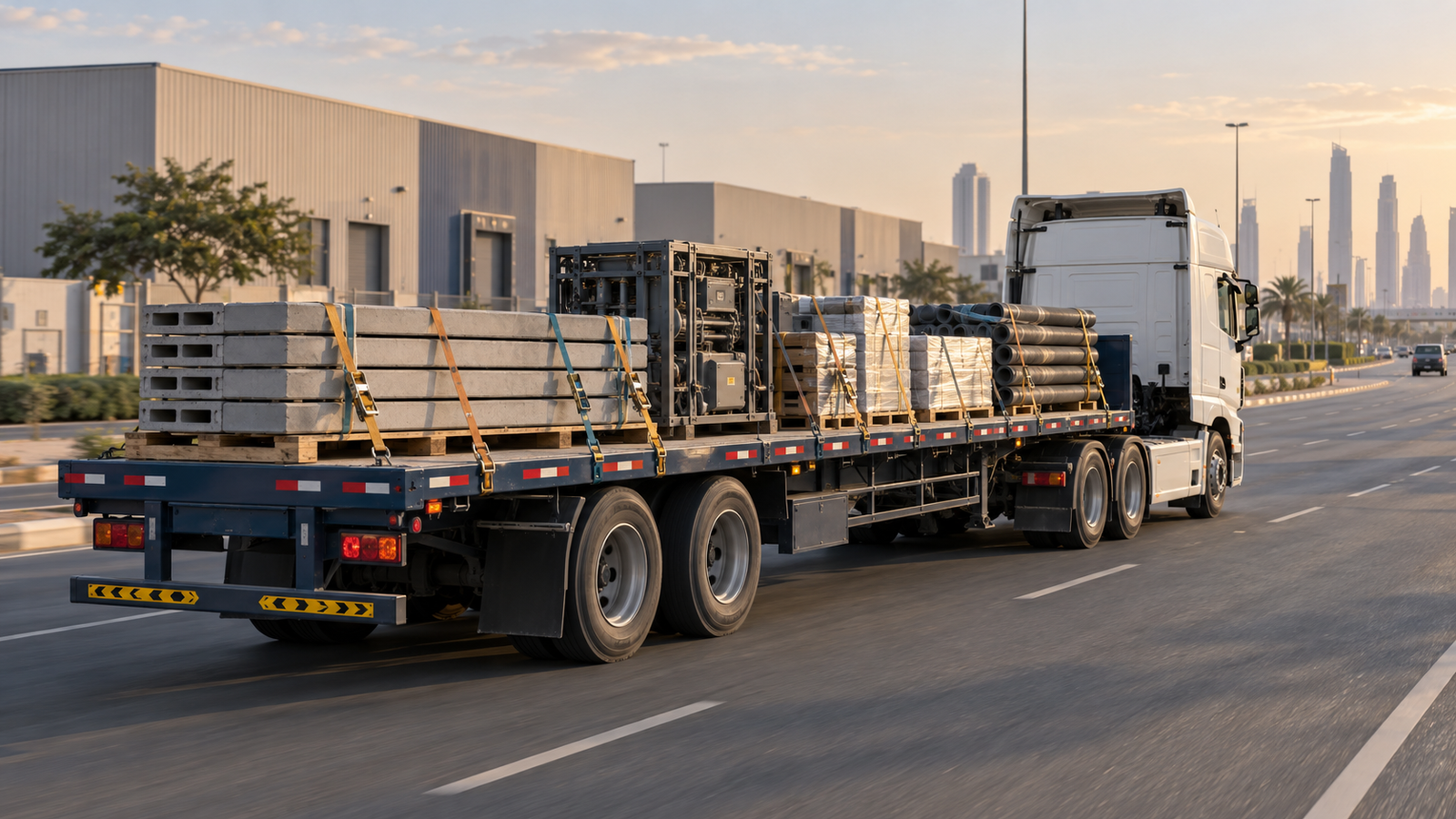 40 feet flatbed trailer transporting secured commercial cargo in Dubai