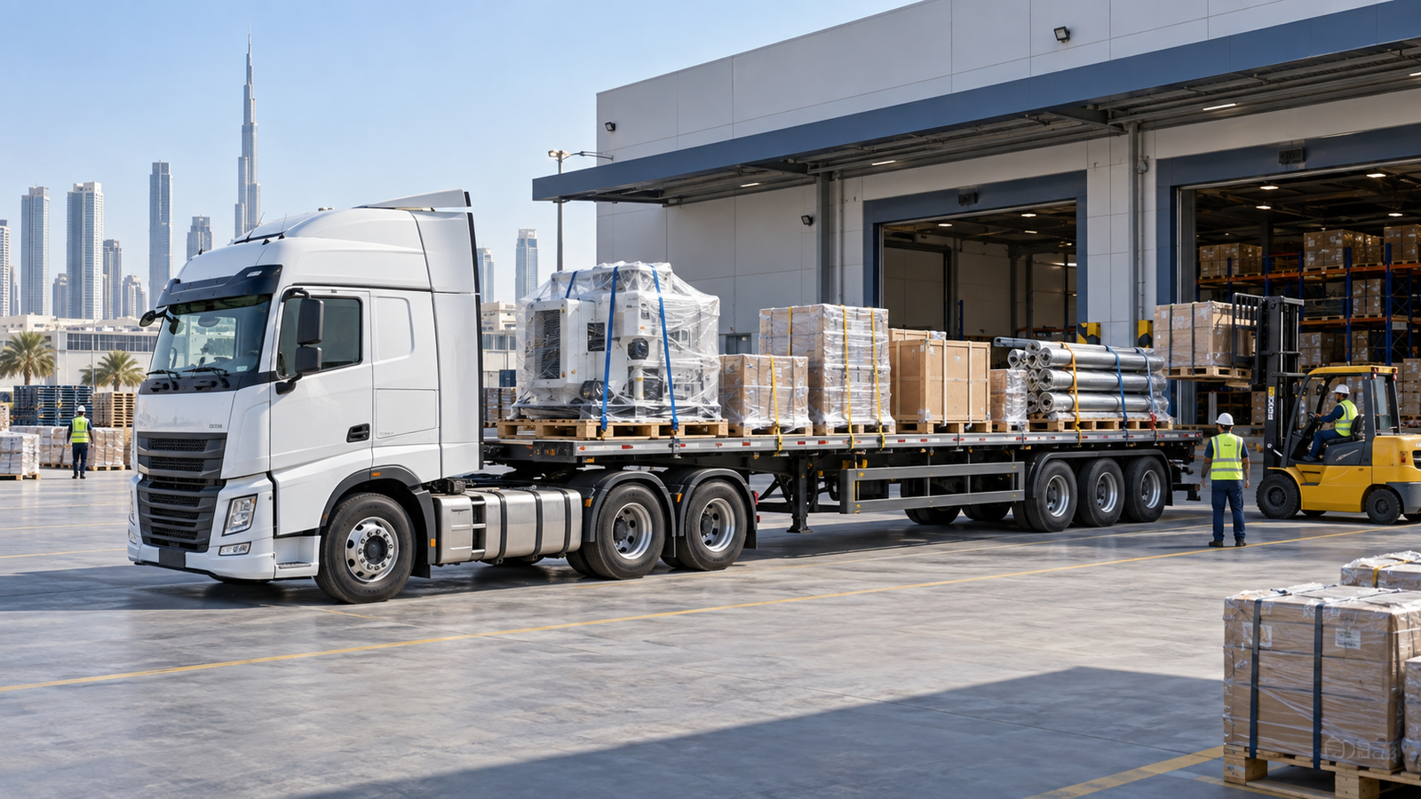 40 feet trailer loading industrial cargo at a Dubai warehouse