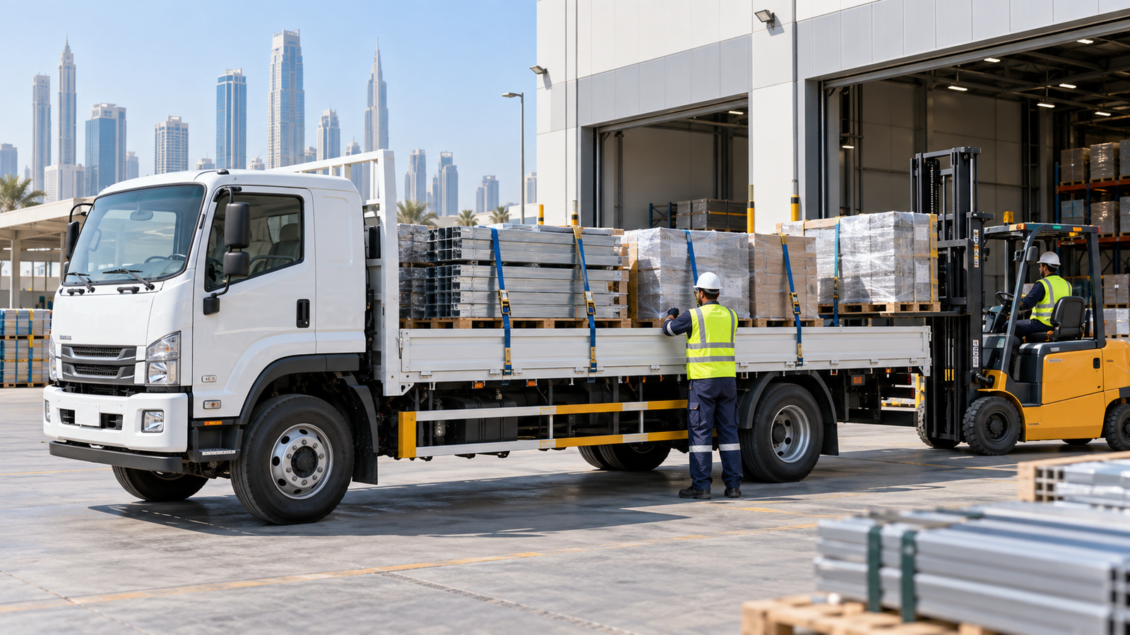 7 ton truck loading industrial cargo at a warehouse in Dubai