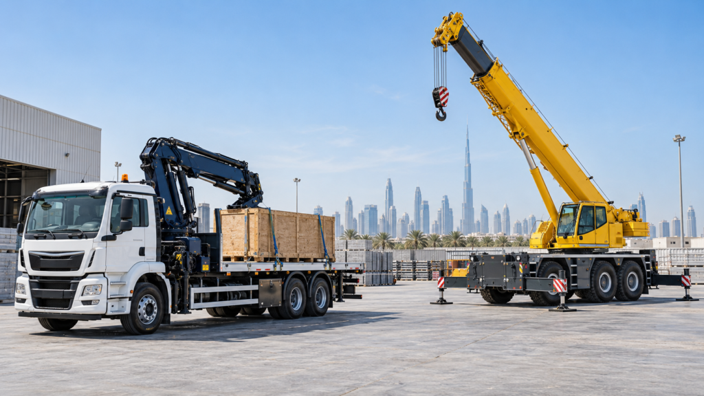 Hiab crane truck and mobile crane comparison in Dubai