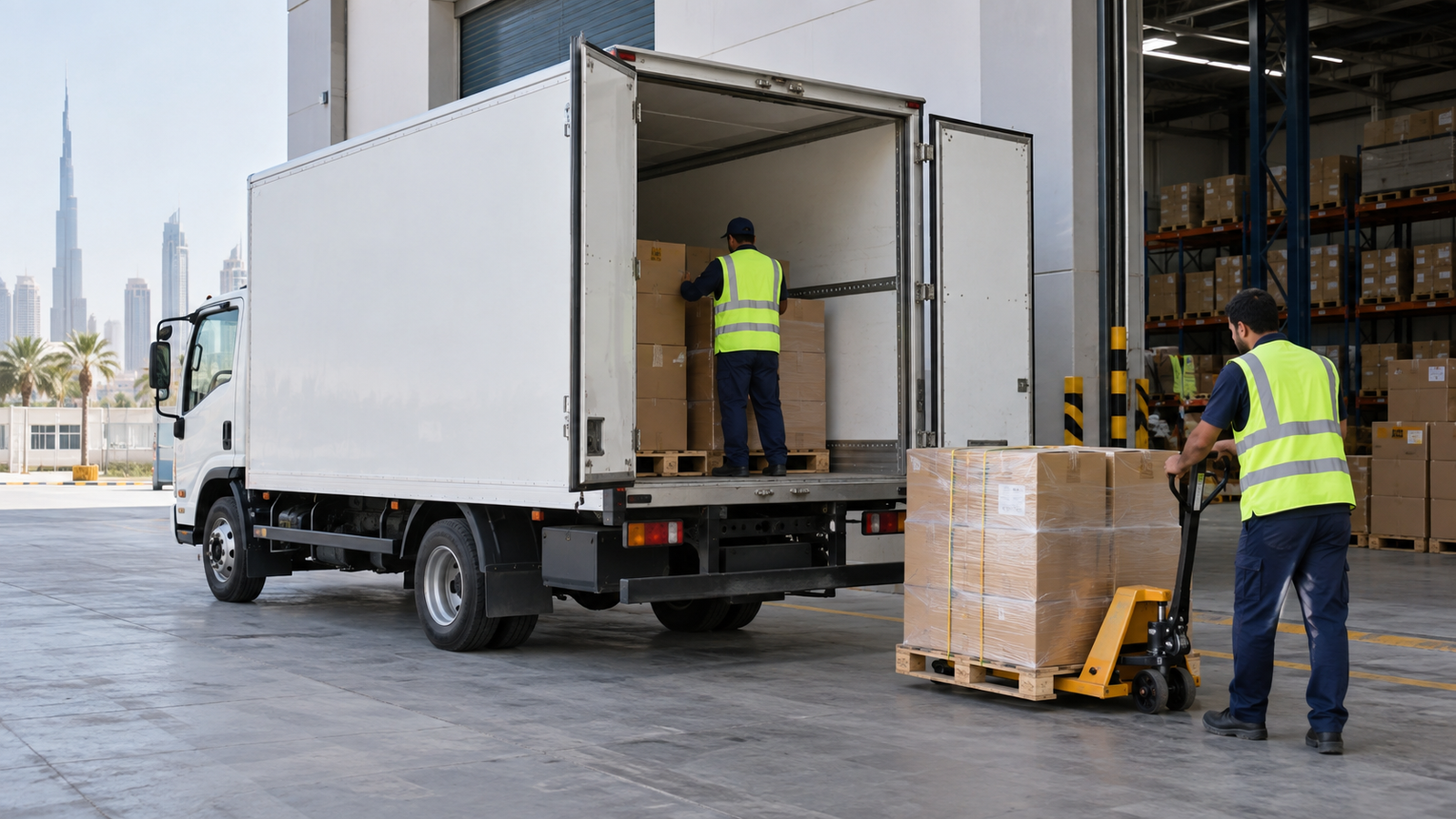 Box pickup cargo loading in a Dubai warehouse