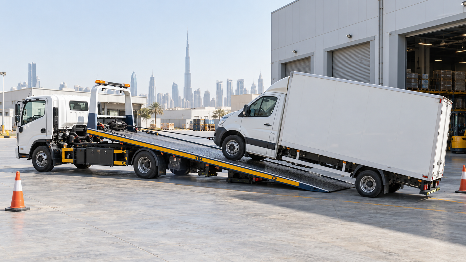 Commercial vehicle recovery truck loading a disabled van in Dubai