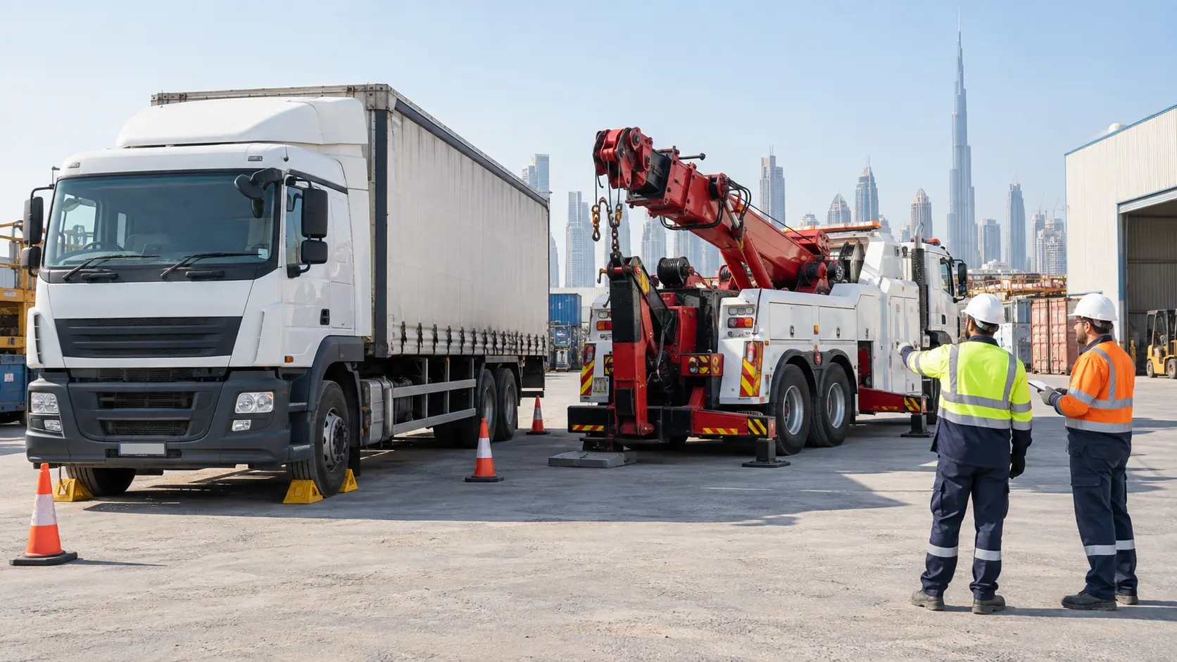 Heavy truck recovery assessment in a Dubai industrial yard