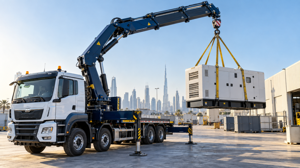 Hiab crane truck lifting an industrial generator in Dubai
