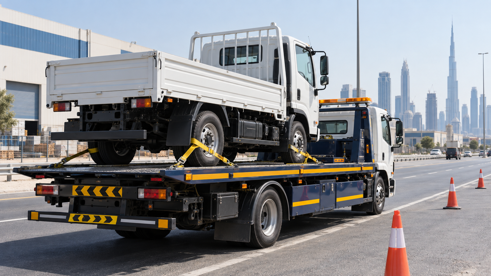 Recovery truck transporting a secured commercial vehicle in Dubai