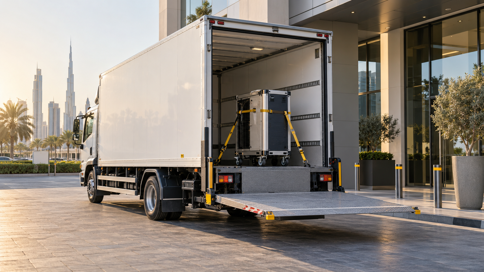 Tail lift commercial delivery truck handling wheeled equipment in Dubai