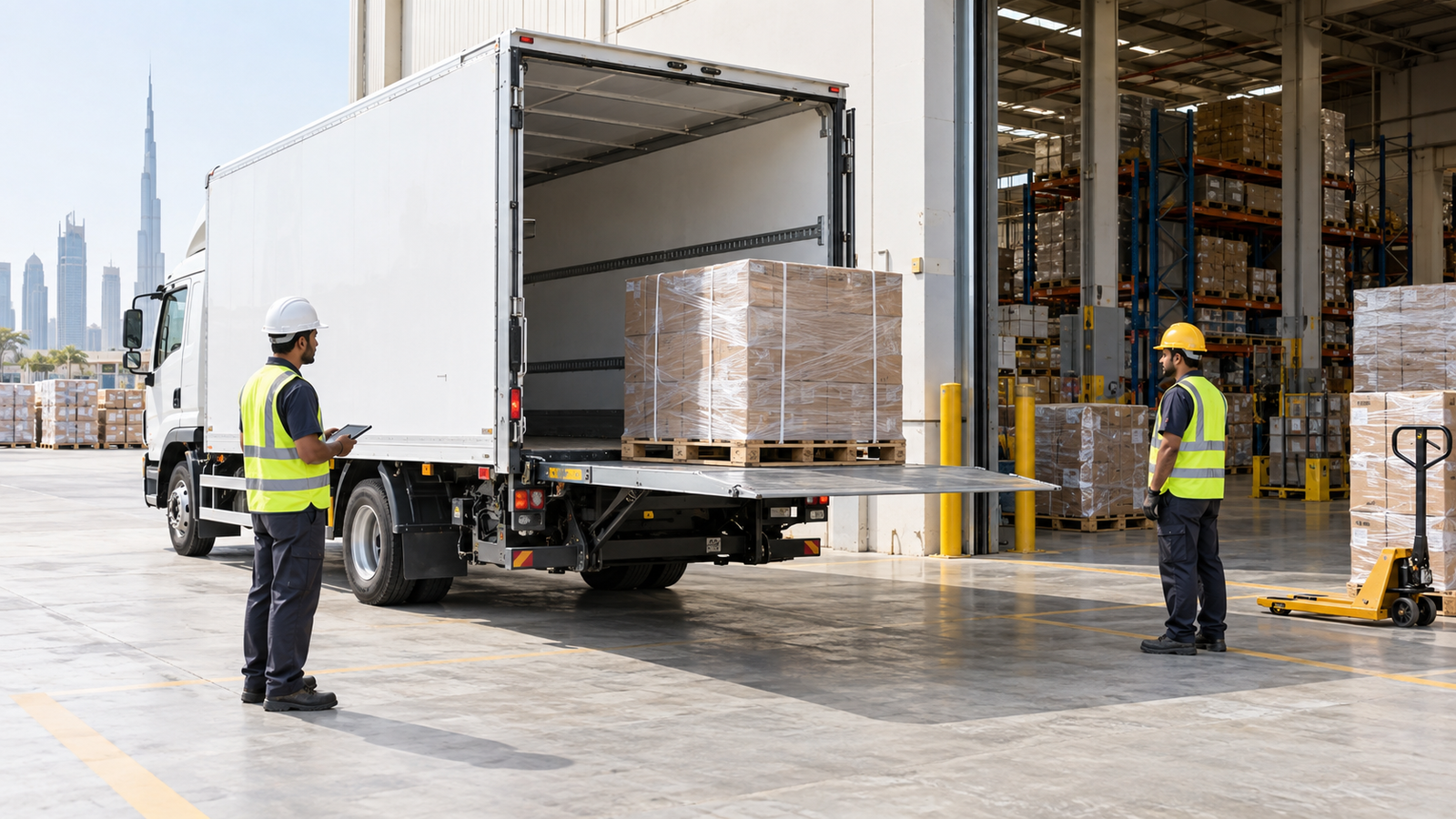 Hydraulic tail lift truck loading pallet at a Dubai warehouse